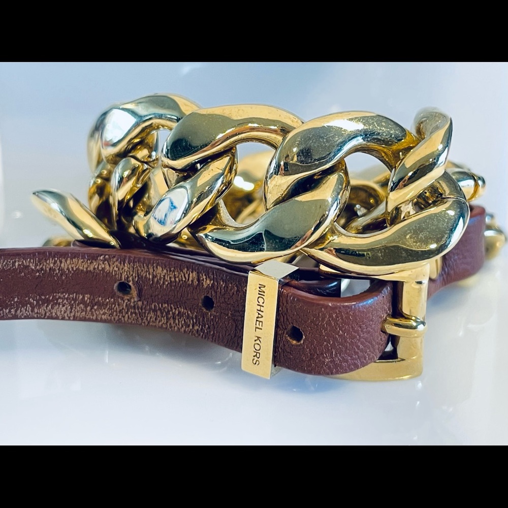 Michael Kors Double Wrap Gold Chain Bracelet With Leather Strap